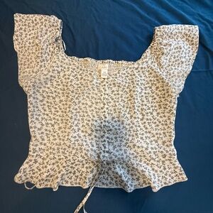 Floral Square-Neck White Crop Top with Green Print